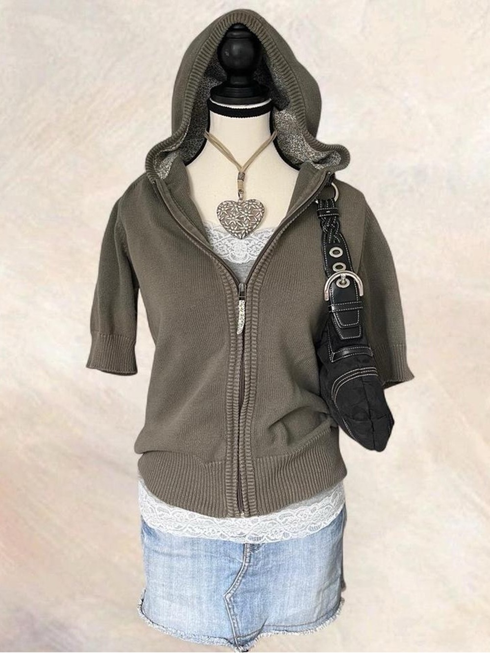 Jessica Khaki Short Sleeve Knitted Hoodie